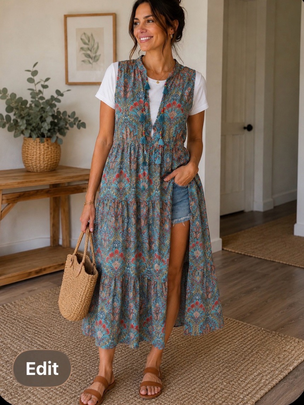 Boho Tiered Maxi Tunic - Teal Floral - Picture 1 of 9